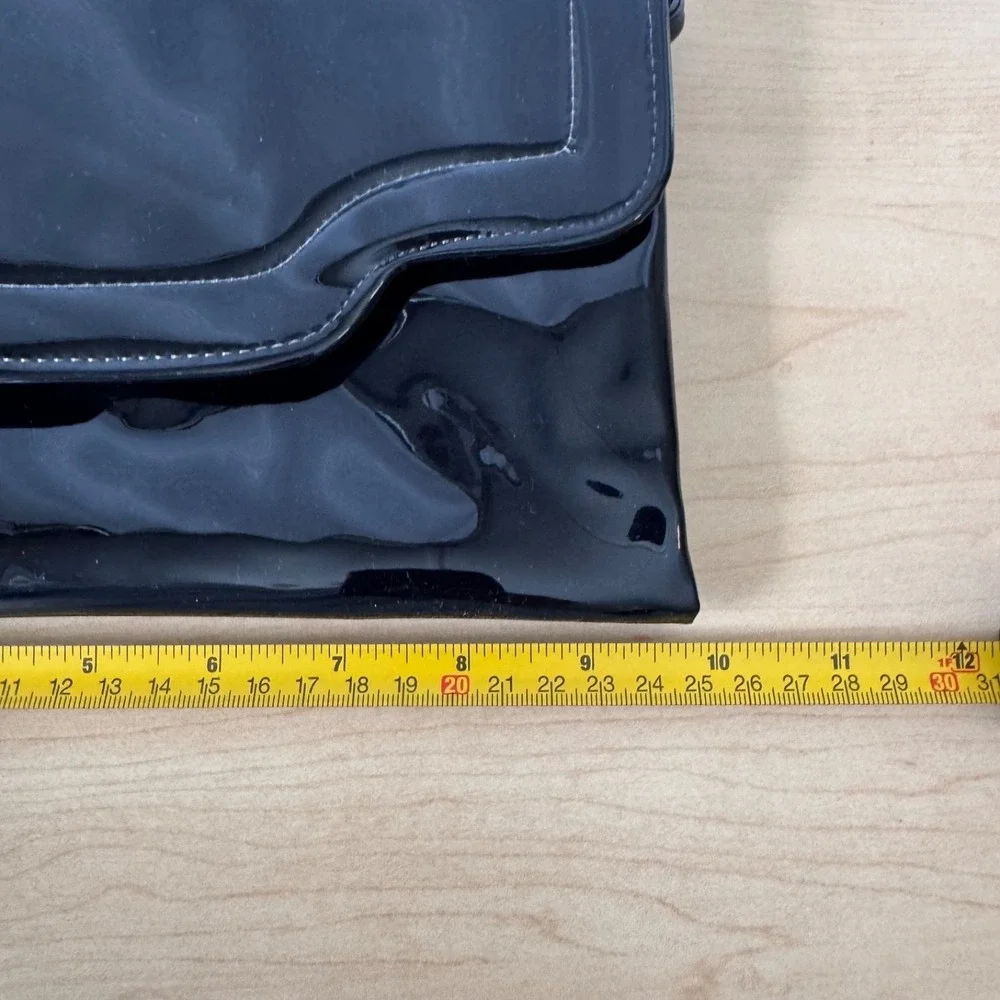 Vintage Black Glossy Patent Leather Clutch w/ Strap & Asymmetric Flap & Mirror